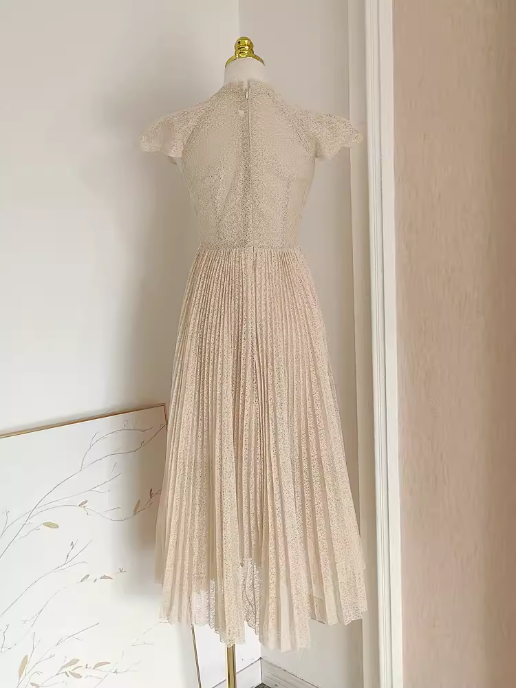 Chic A line High Neckline Lace Vacation Dress Tulle Women Dresses