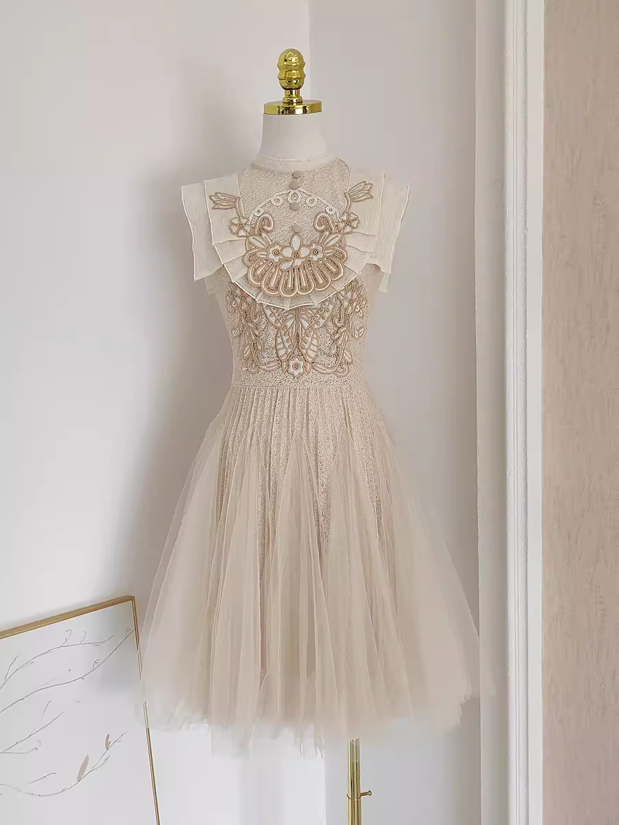 Chic A line High Neckline Lace Vacation Dress Tulle Short Women Dresses