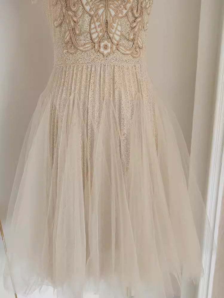 Chic A line High Neckline Lace Vacation Dress Tulle Short Women Dresses