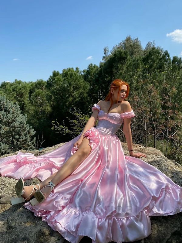 Pretty A-Line Off The Shoulder Pink Satin Long Prom Dresses Formal Evening Dress