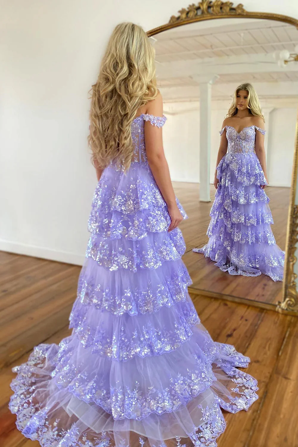 Pretty A-Line Off The Shoulder Pink Lace Slit Long Prom Dresses Formal Evening Dress