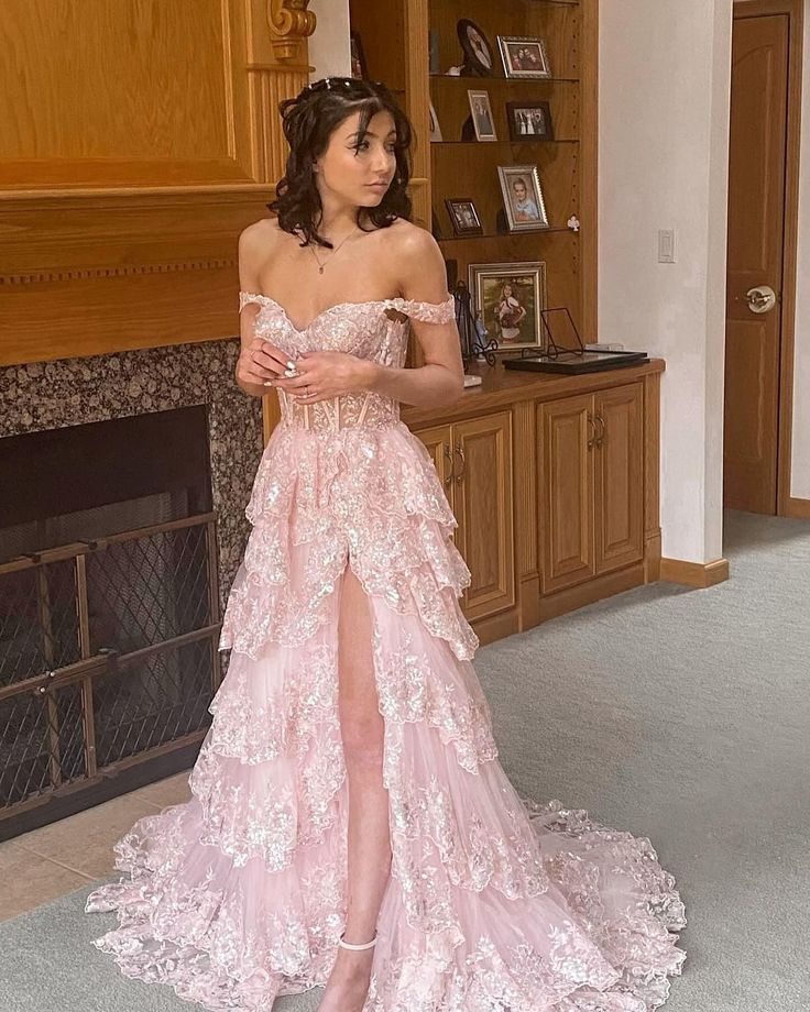 Pretty A-Line Off The Shoulder Pink Lace Slit Long Prom Dresses Formal Evening Dress