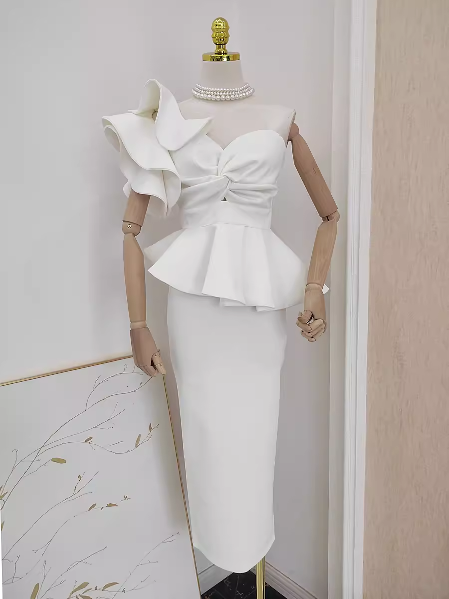 Chic Sheath One Shoulder Satin Vacation Dress White Women Dresses
