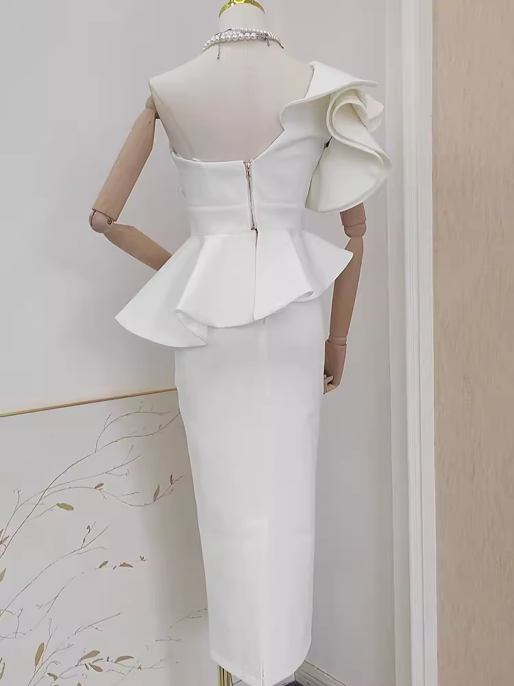 Chic Sheath One Shoulder Satin Vacation Dress White Women Dresses
