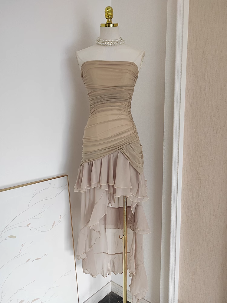 Sexy High Low Strapless Champagne Chiffon Ruffles Vacation Dress Women Dresses