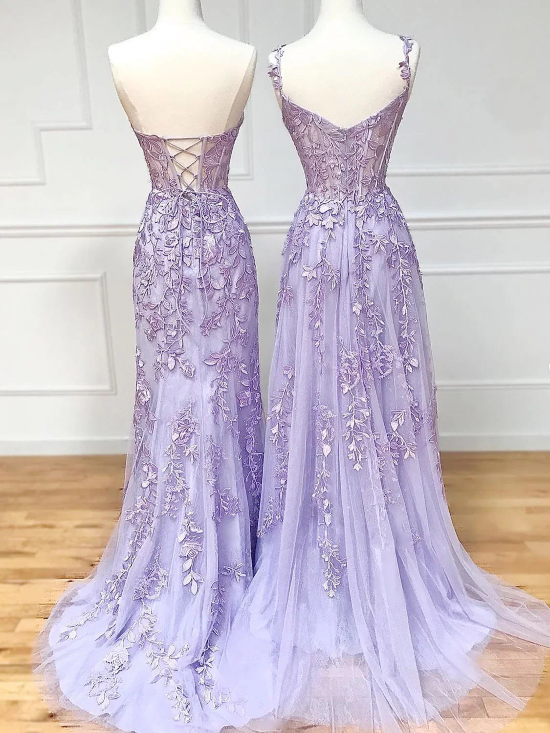 Elegant Mermaid Sleeveless Lace Lilac Evening Prom Dresses Long Prom Dresses