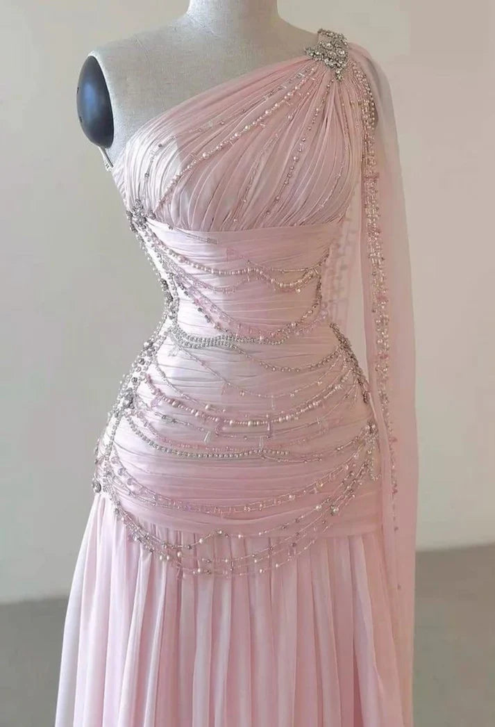 Vintage One Shoulder Pink Beaded A Line Chiffon Evening Dress Elegant Prom Dress