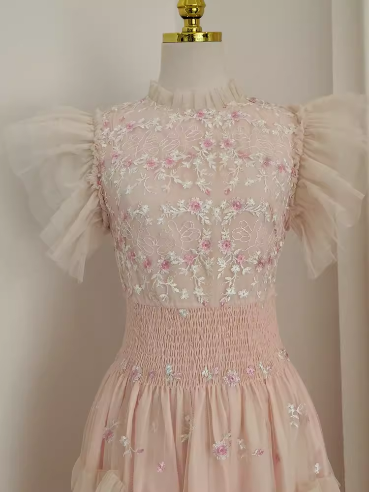 Cute A line High Neck Floral Lace Vacation Dress Tulle Long Women Dresses