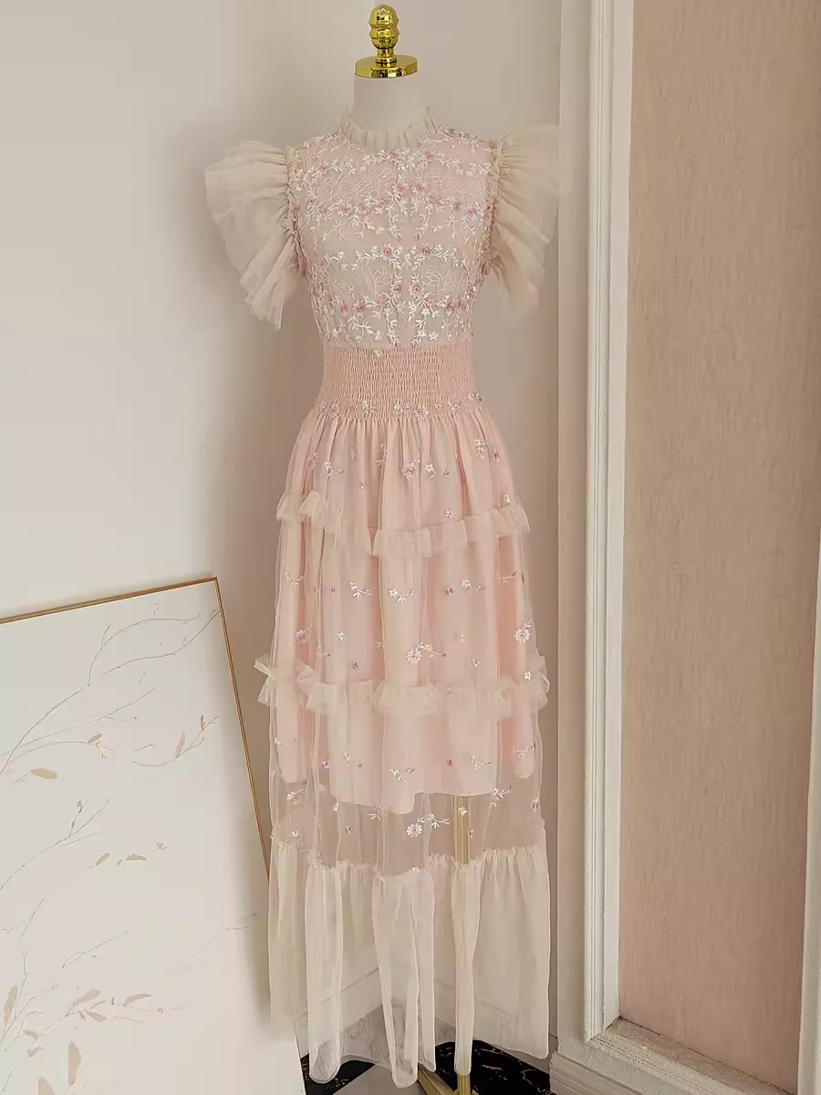 Cute A line High Neck Floral Lace Vacation Dress Tulle Long Women Dresses