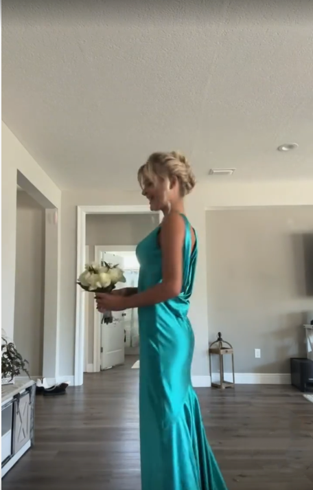Classy A line V Neckline Blue Satin Sleeveless Long Prom Dresses