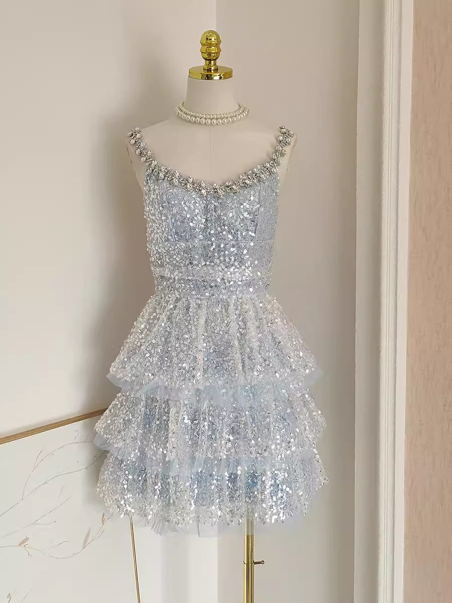 Sexy A line Straps Sequin Travel Vacation Dress Short Birthday Dress