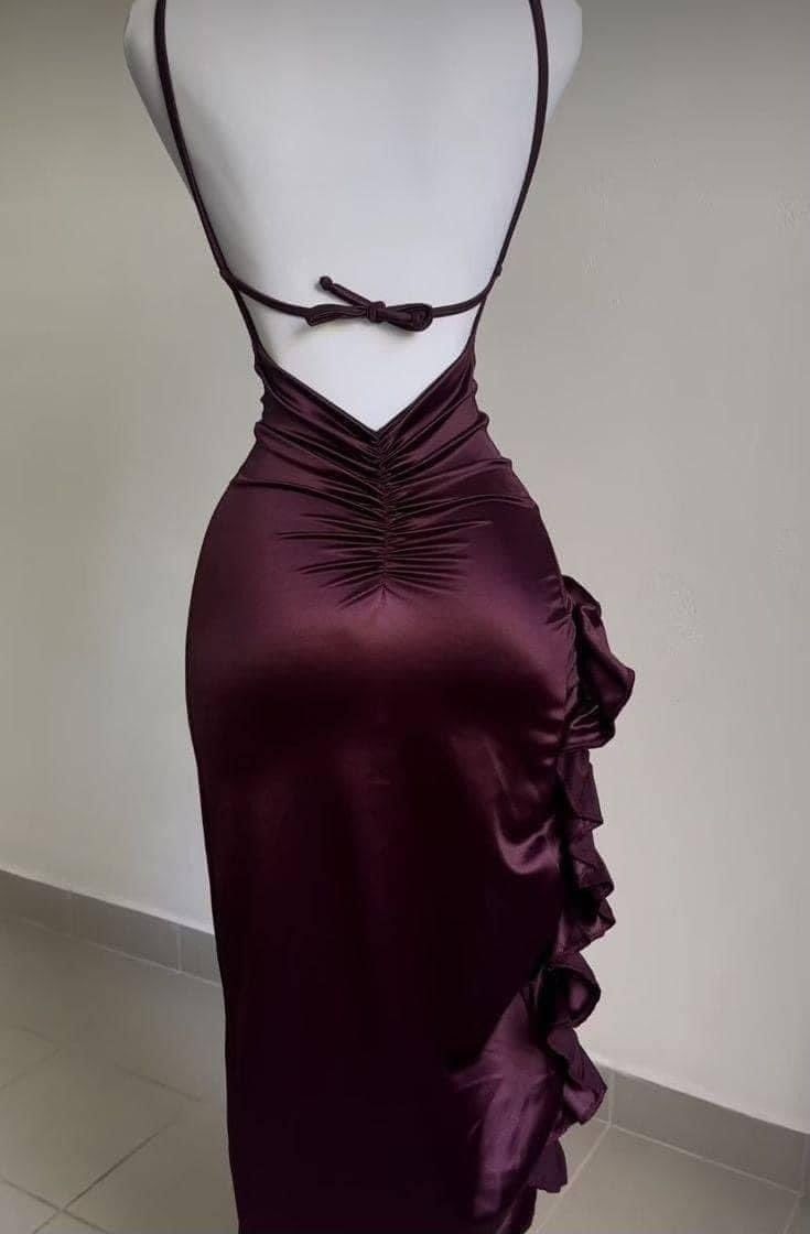 Classy Sheath Halter Satin Burgundy Sleeveless High Low Prom Dresses