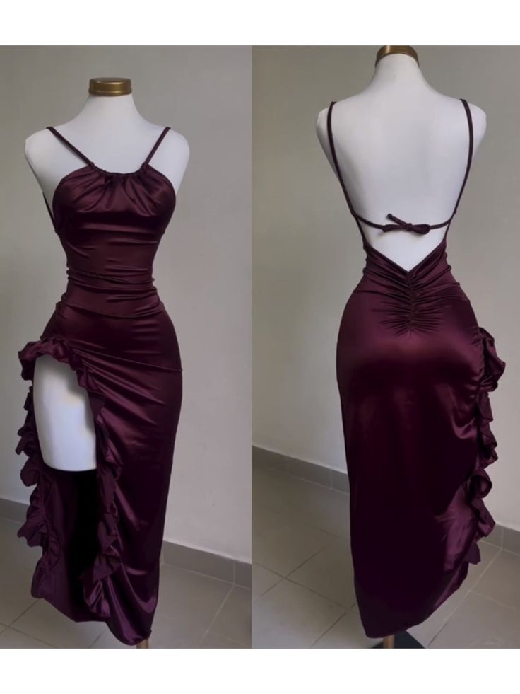 Classy Sheath Halter Satin Burgundy Sleeveless High Low Prom Dresses