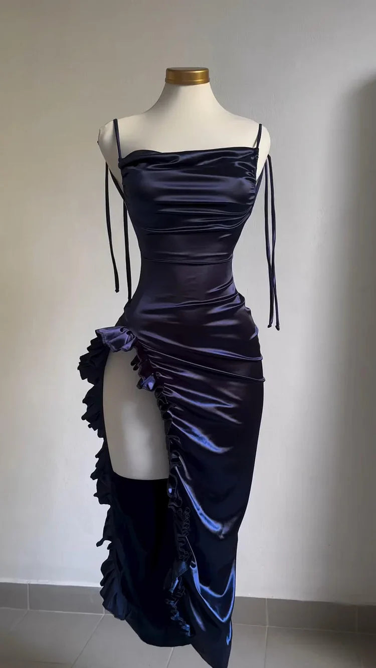 Classy Sheath Halter Satin Navy Blue Sleeveless High Low Prom Dresses