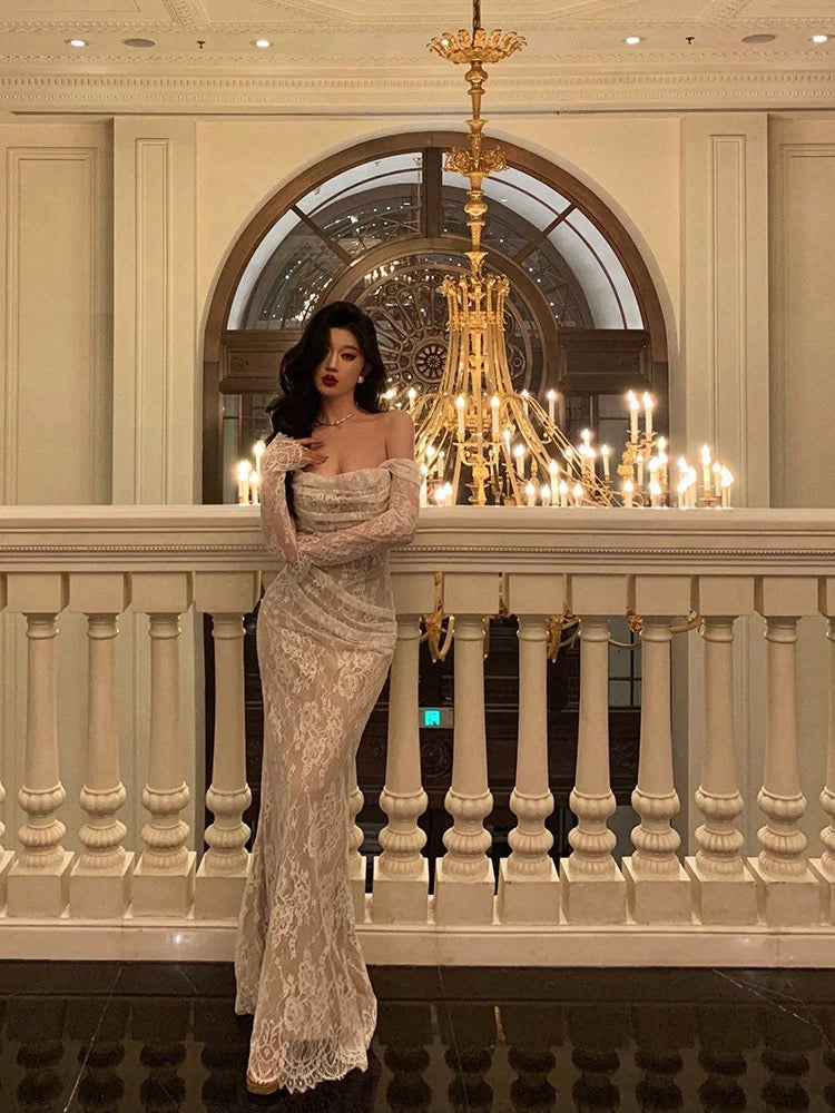 Classy Sheath Off The Shoulder White Long Sleeves Prom Dresses