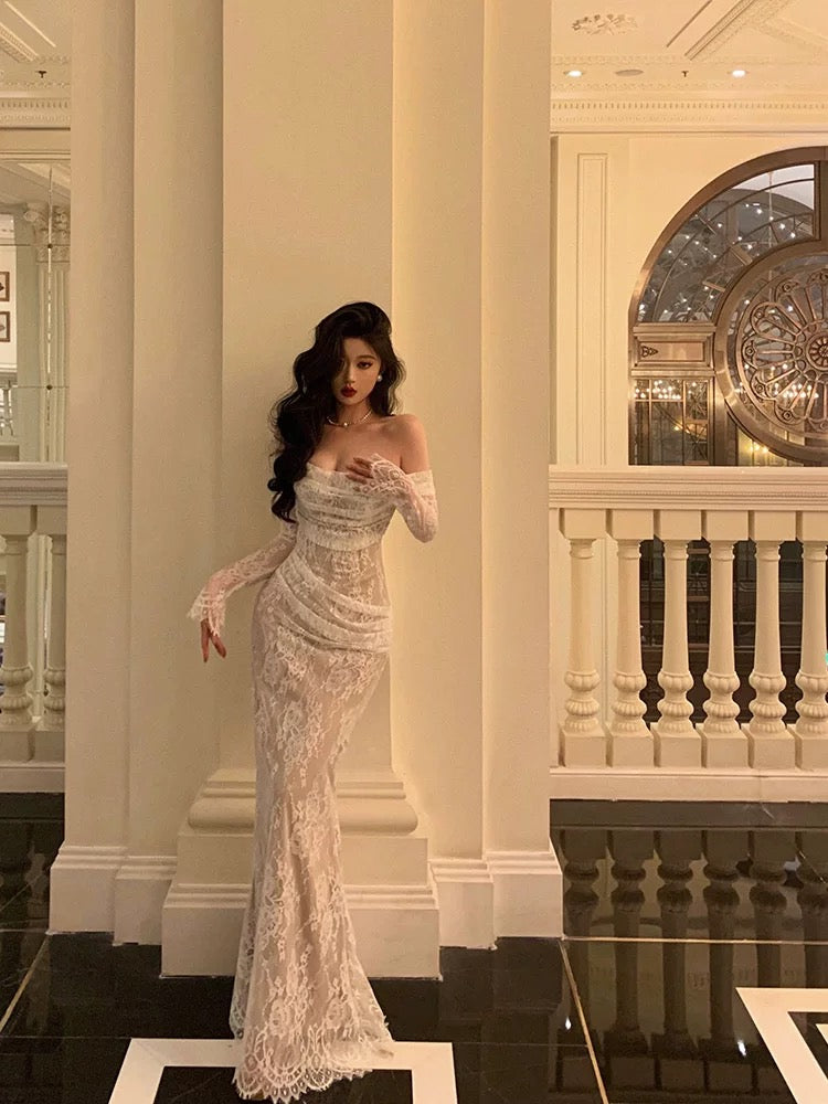 Classy Sheath Off The Shoulder White Long Sleeves Prom Dresses