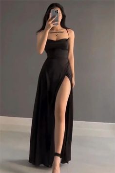 Classy A Line Spaghetti Straps Satin Black Sleeveless Slit Prom Dresses
