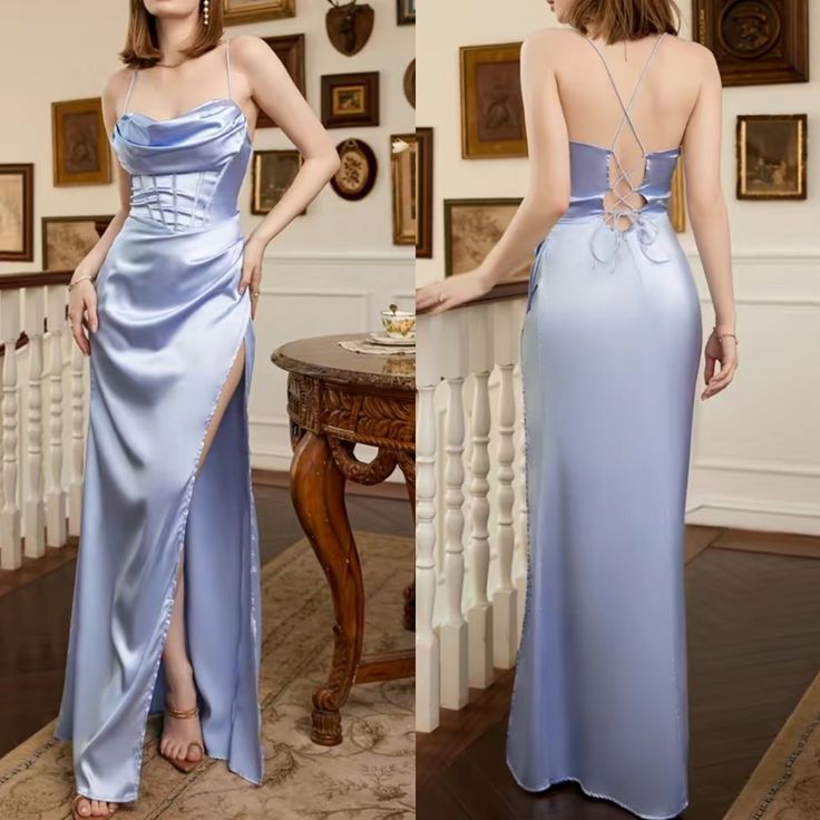 Classy A Line Halter Blue Sleeveless Long Party Dress Prom Dresses