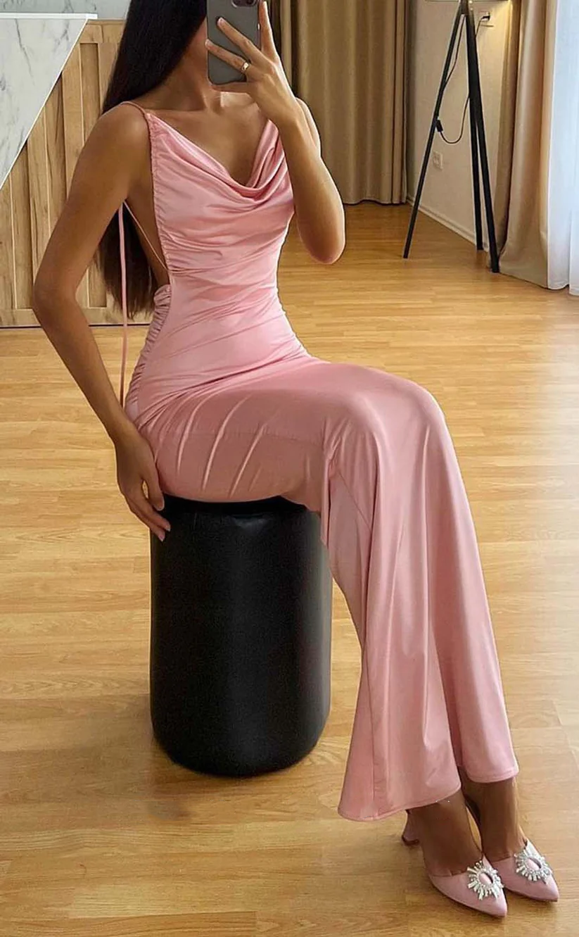 Simple Mermaid Spaghetti Straps Pink Long Prom Dresses