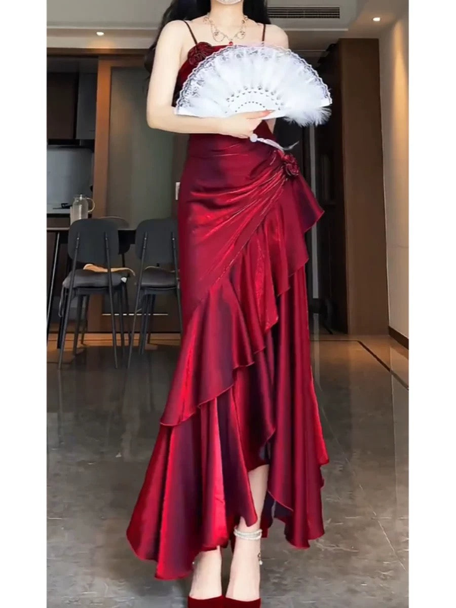 Simple Mermaid Spaghetti Straps Burgundy Party Dress Long Prom Dresses