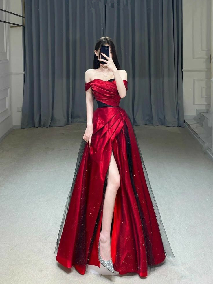 Simple A Line Off The Shoulder Red Slit Party Dress Long Prom Dresses