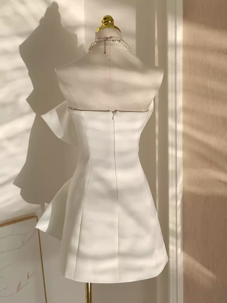 Simple A line Strapless White Travel Vacation Dresses Short Satin Birthday Dress