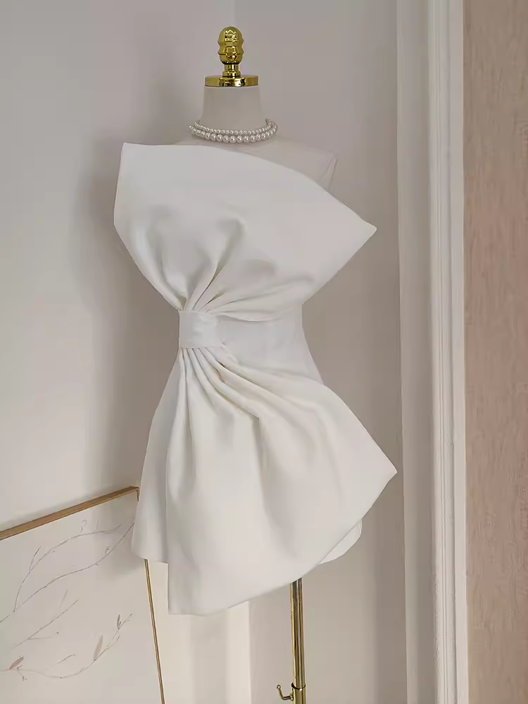Simple A line Strapless White Travel Vacation Dresses Short Satin Birthday Dress