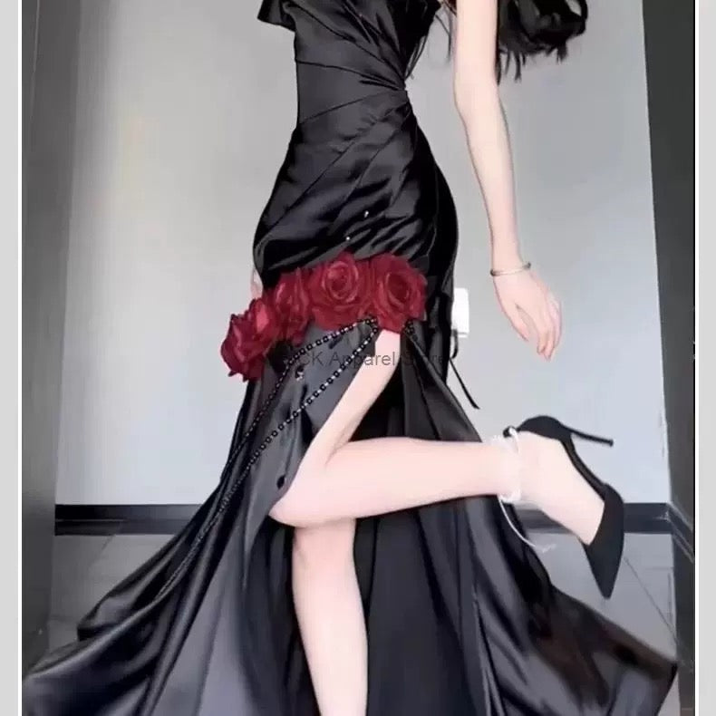 Retro Mermaid One Shoulder Black Satin Party Dress Long Prom Dresses