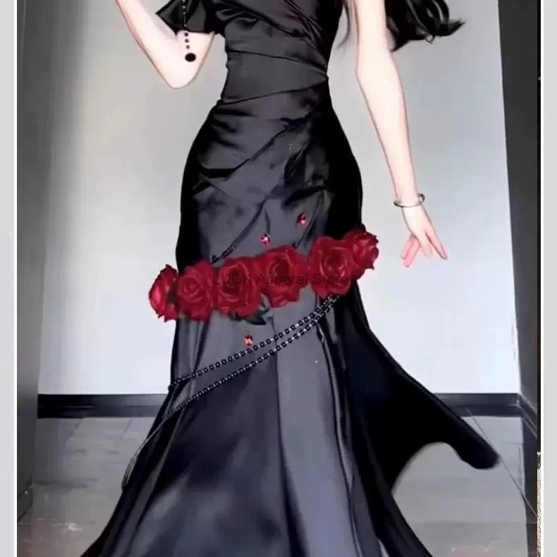 Retro Mermaid One Shoulder Black Satin Party Dress Long Prom Dresses