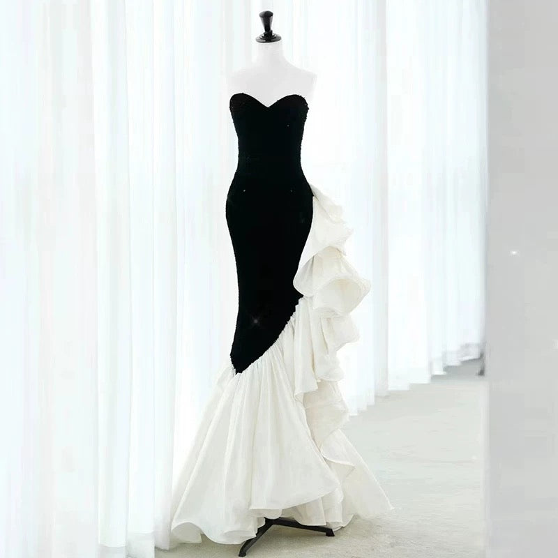 Retro Mermaid Strapless Sequin Black Satin Party Dress Long Prom Dresses