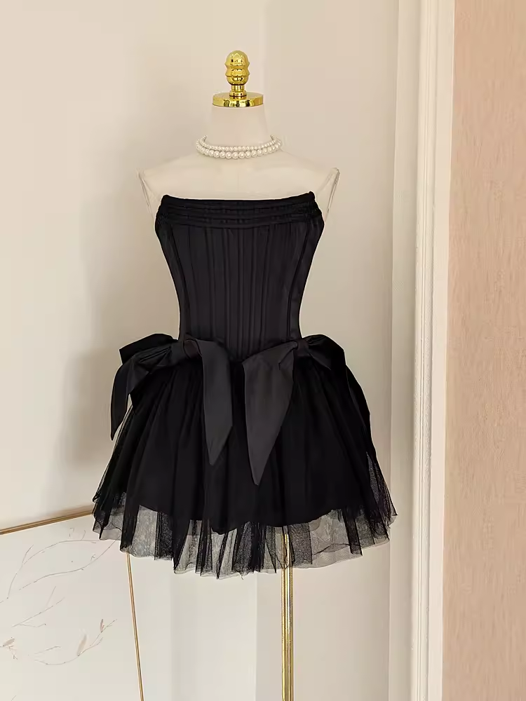 Cute A line Strapless Black Travel Vacation Dresses Short Satin Birthday Dress