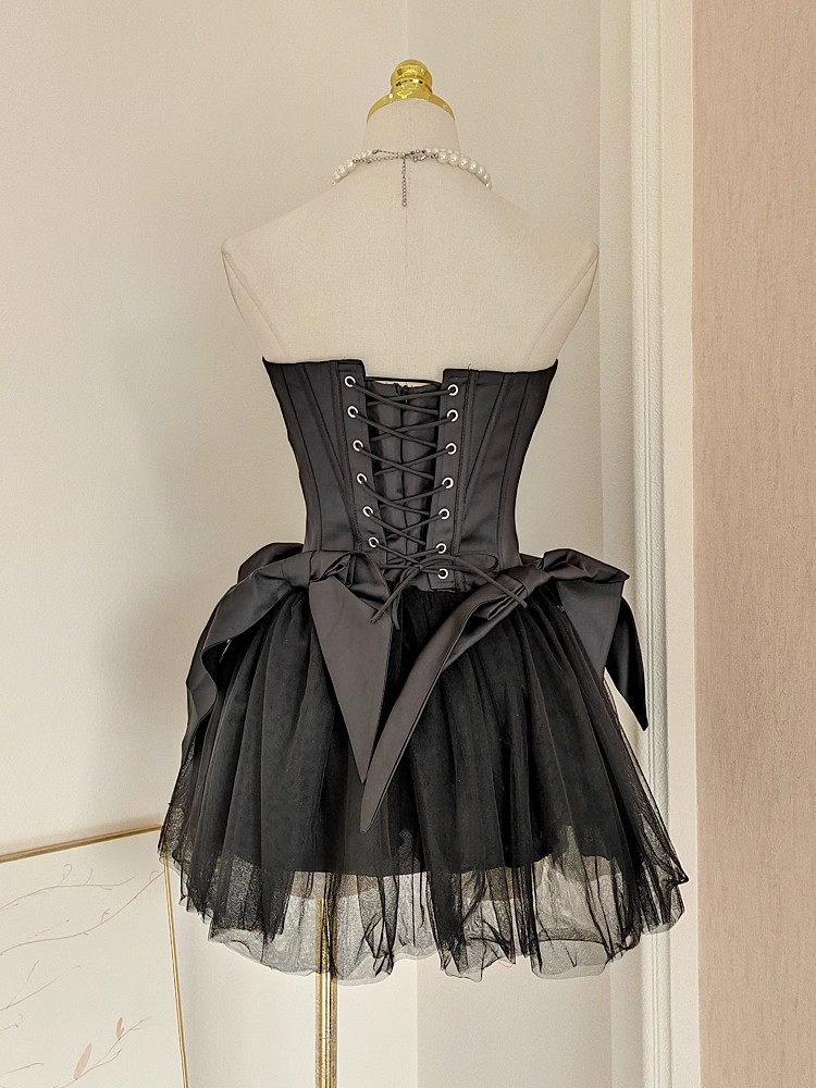 Cute A line Strapless Black Travel Vacation Dresses Short Satin Birthday Dress