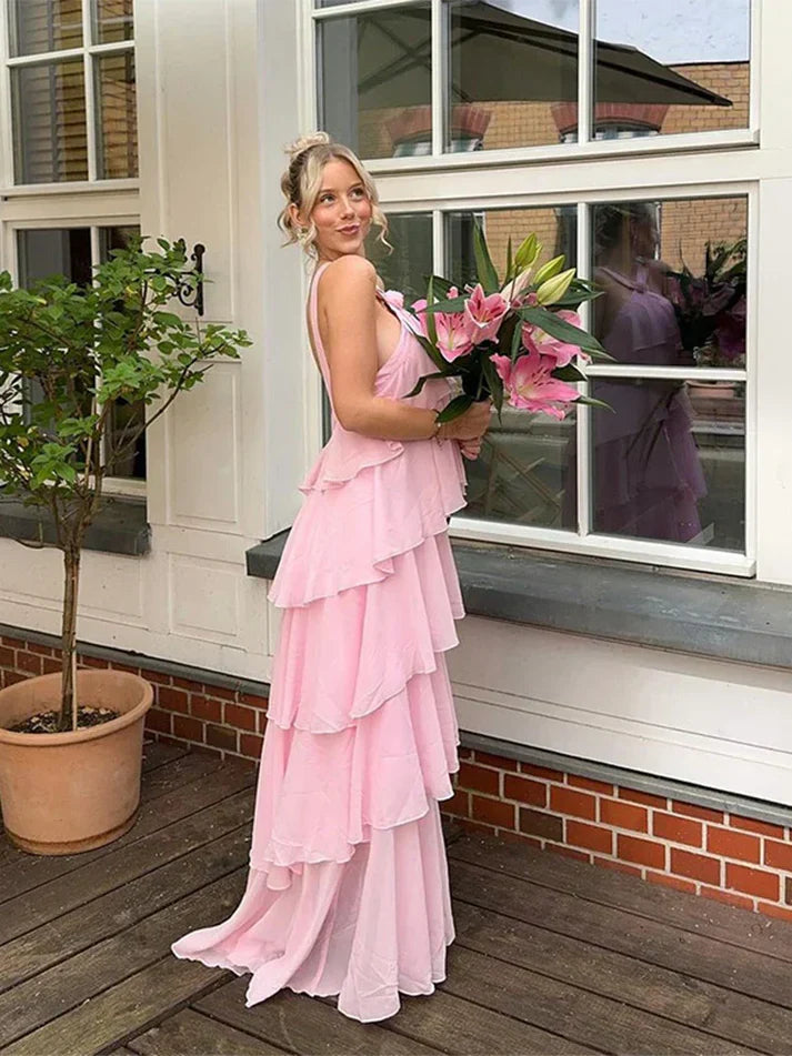 Simple A line Halter Chiffon floor-length pink prom dresses
