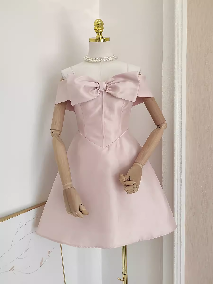 Cute A line Straps Pink Travel Vacation Dresses Short Satin Birthday Dress