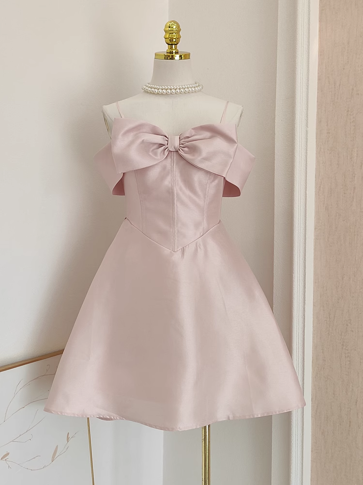 Cute A line Straps Pink Travel Vacation Dresses Short Satin Birthday Dress