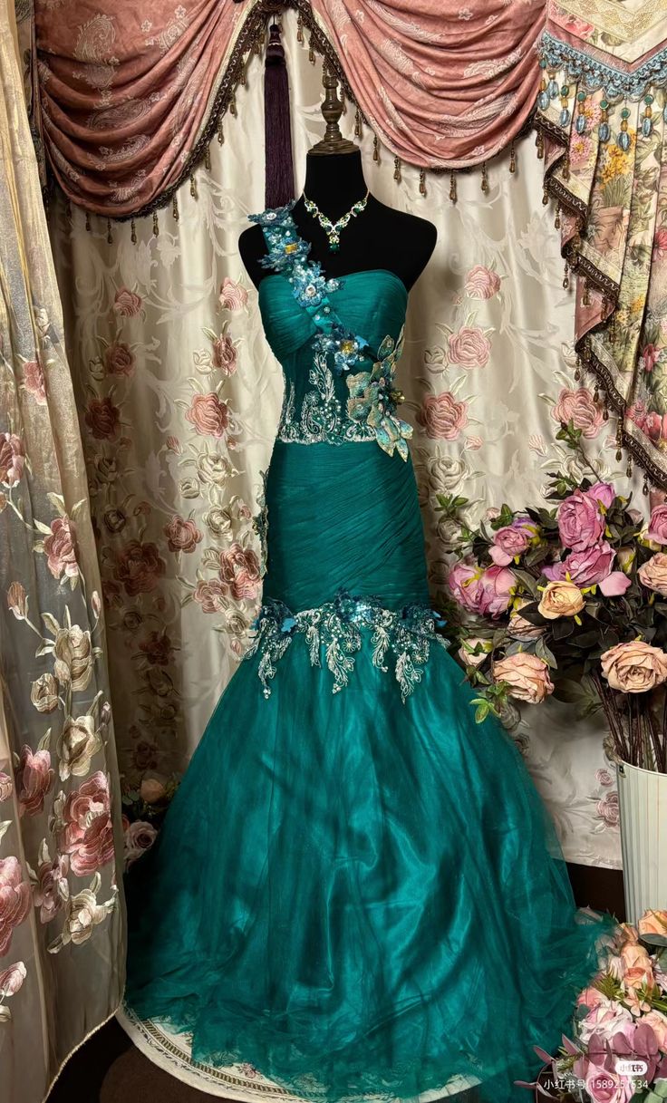 Retro Mermaid One Shoulder Tulle Green Long Party Dress Prom Dresses