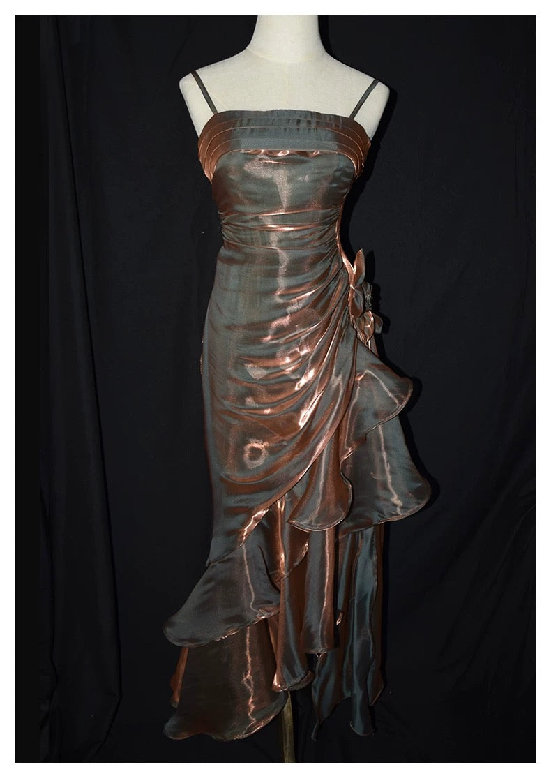Retro Mermaid Spaghetti Straps Satin Long Party Dress Prom Dresses