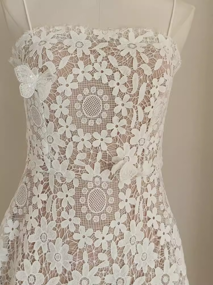 Cute A line Spaghetti Straps Lace Vacation Dress White Women Dresses