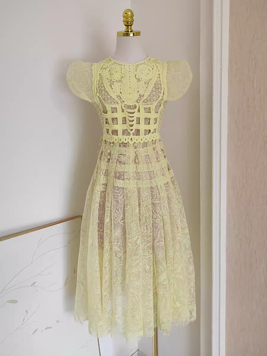 Cute A line Scoop Yellow Short Sleeves Lace Vacation Dress Women Dresses