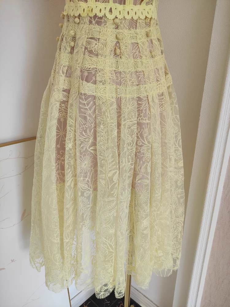 Cute A line Scoop Yellow Short Sleeves Lace Vacation Dress Women Dresses
