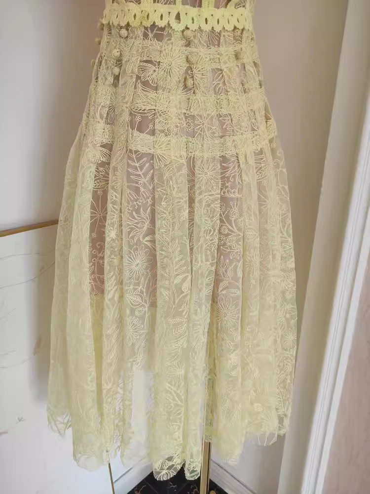 Cute A line Scoop Yellow Short Sleeves Lace Vacation Dress Women Dresses