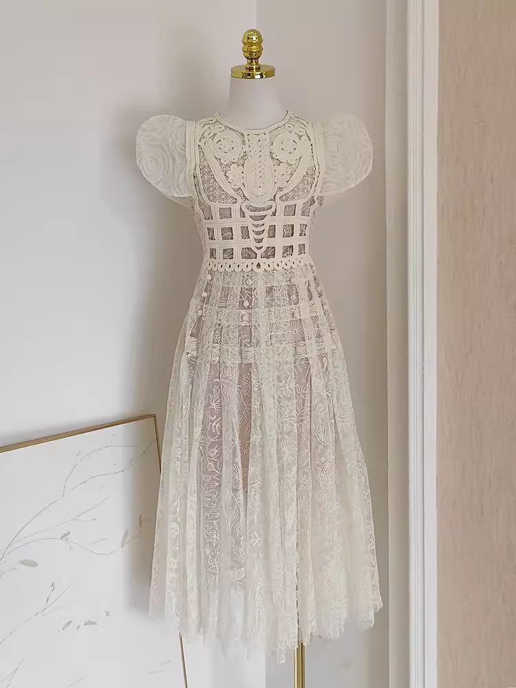 Cute A line Scoop Champagne Short Sleeves Lace Vacation Dress Women Dresses