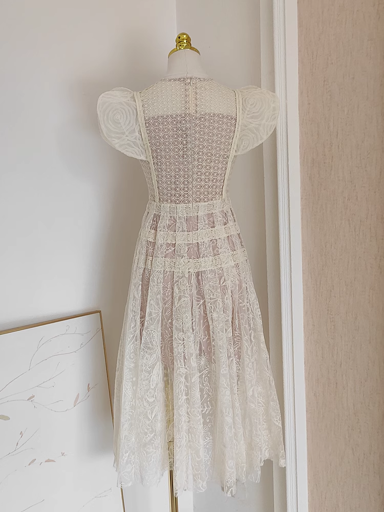 Cute A line Scoop Champagne Short Sleeves Lace Vacation Dress Women Dresses
