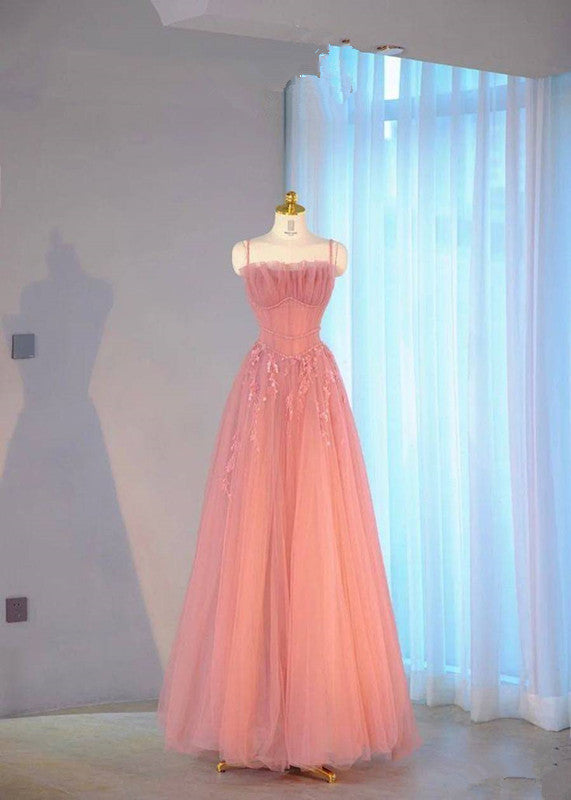 Pretty A line Straps Pink Tulle Long Party Dress Prom Dresses