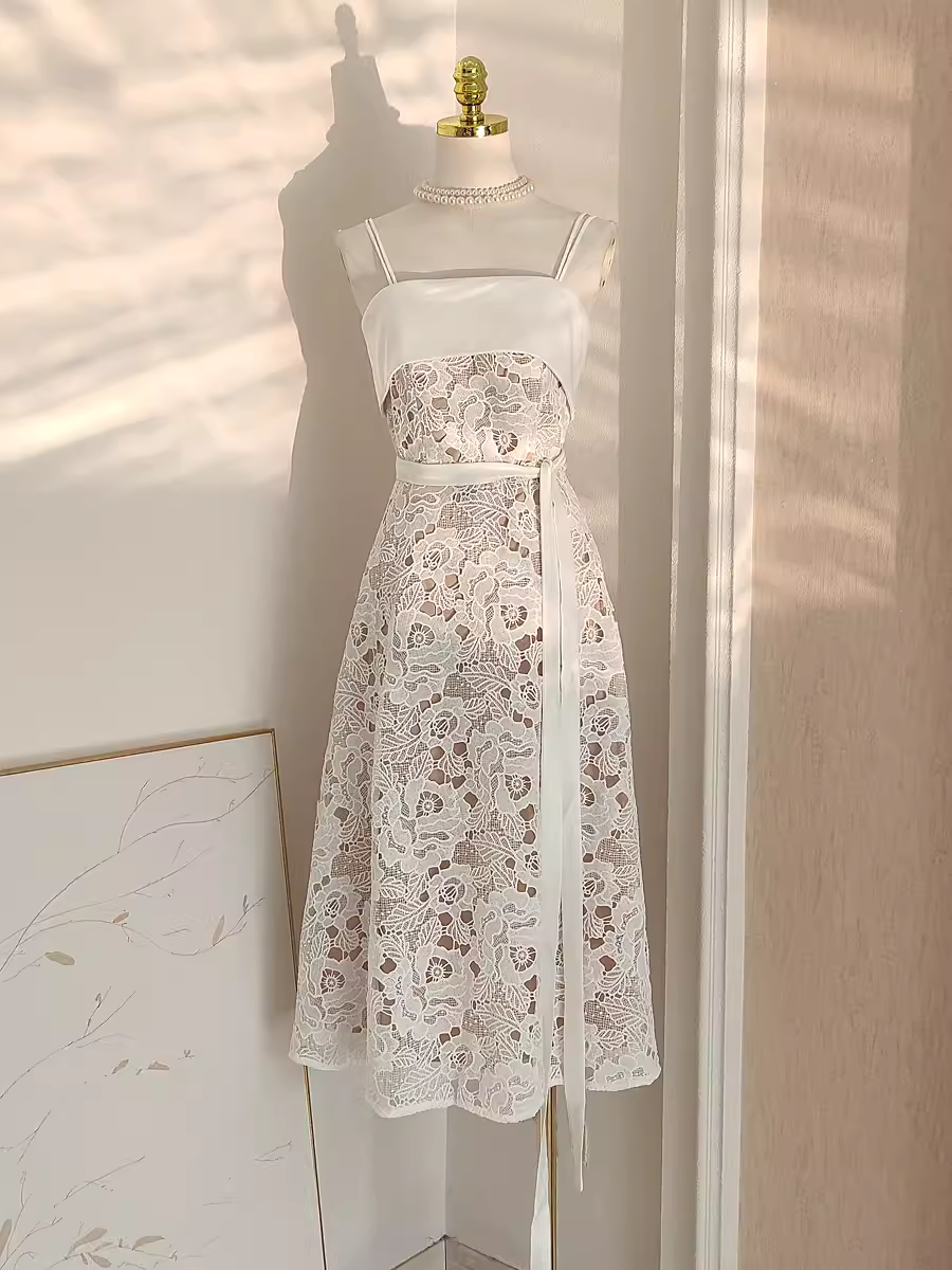 Cute A line Spaghetti Straps Champagne Lace Vacation Dress Women Dresses