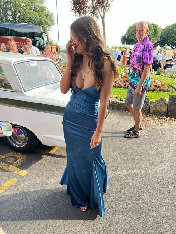 Navy Blue V-neck Long Prom Dresses Long Party Dress