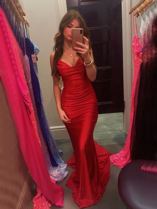 Elegant Sexy Spaghetti Strap V-neck Sleeveless Mermaid Satin Long Prom Dresses With Trailing For Party