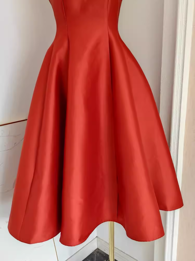 Cute A line Strapless Rust Red Vacation Dress Satin Women Dresses
