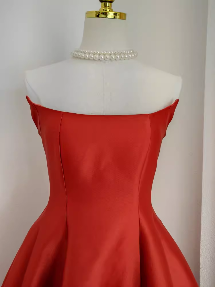 Cute A line Strapless Rust Red Vacation Dress Satin Women Dresses