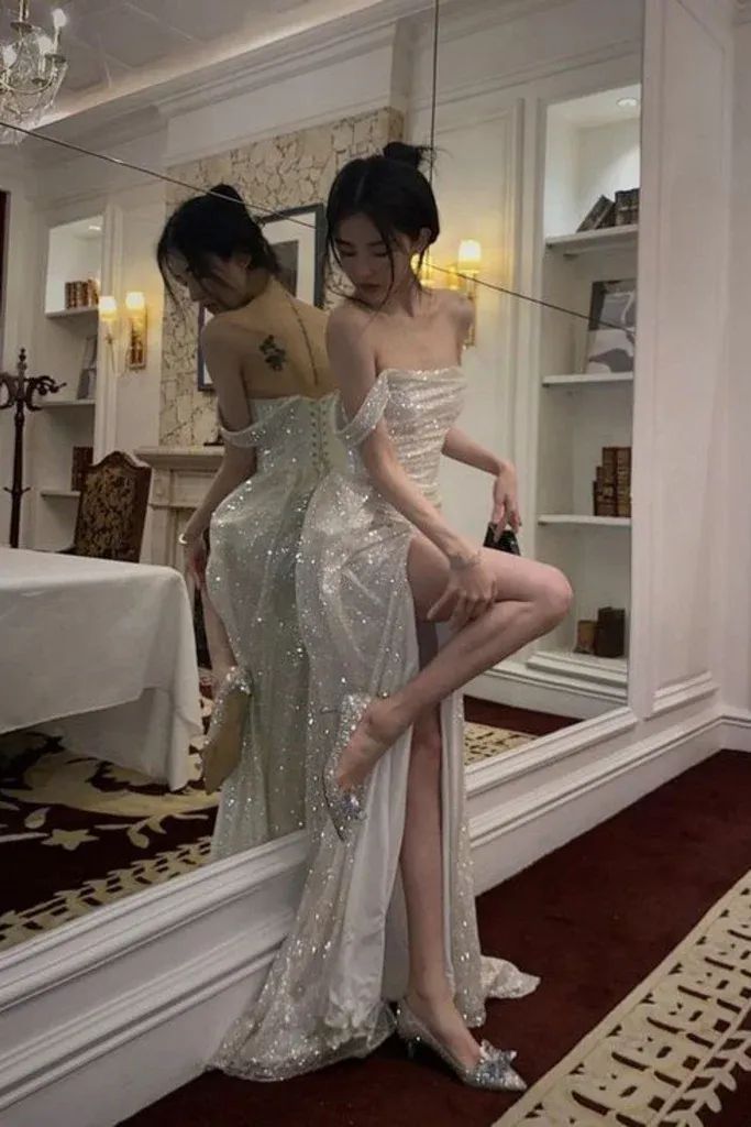 Shiny Off-shoulder Sleeveless Mermaid Sequin Evening Prom Dresses